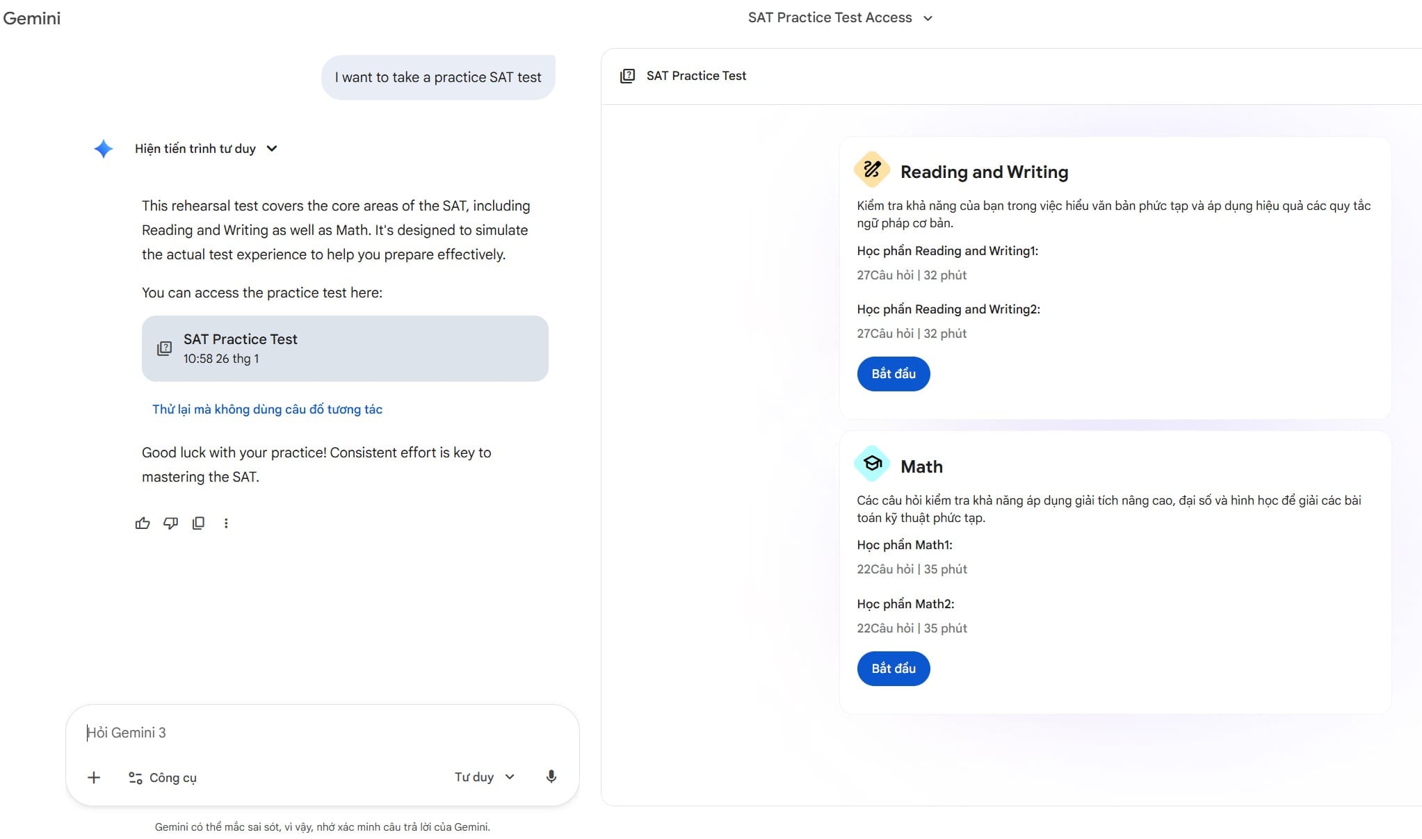 công cụ luyện thi SAT miễn phí trong Gemini AI