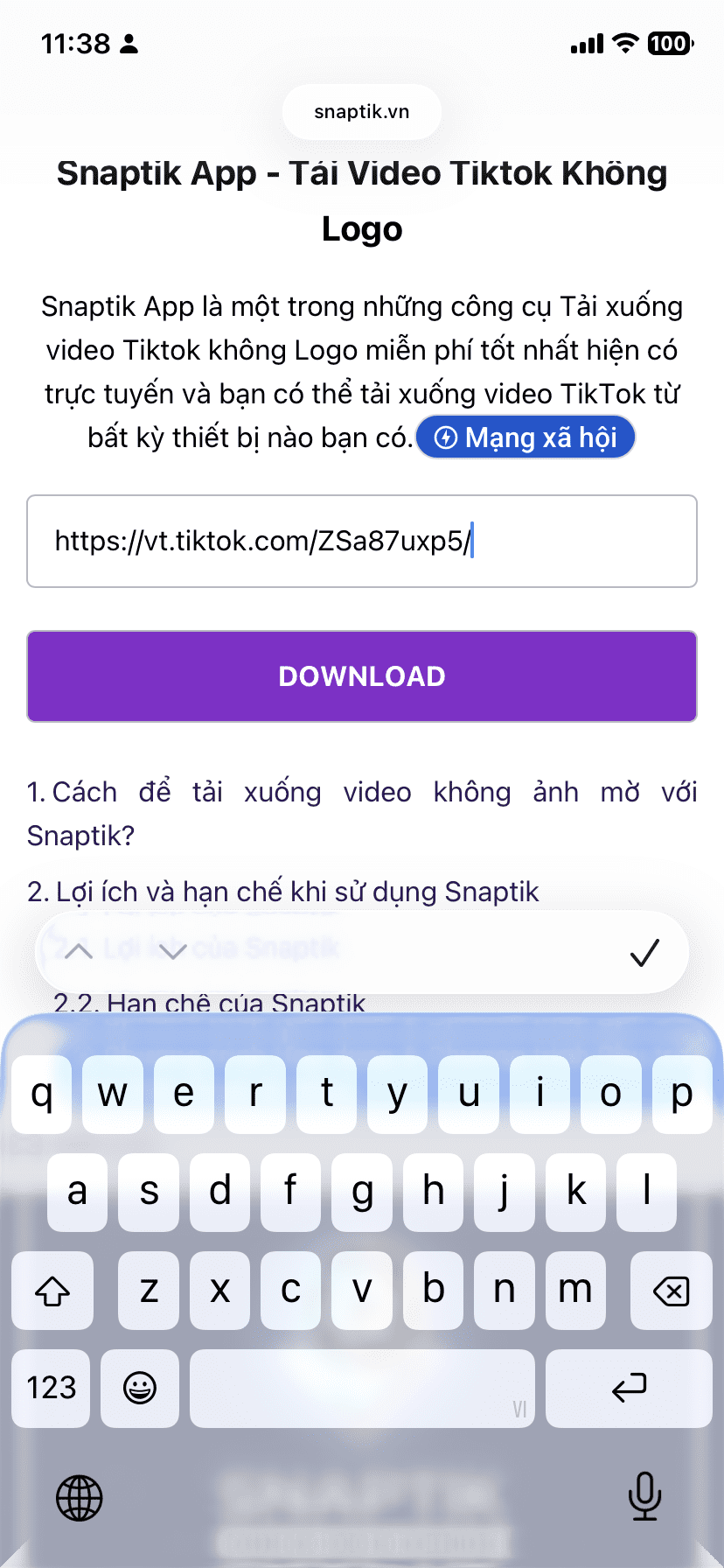 Tại trang chủ dán Url đã copy vào và chọn Download